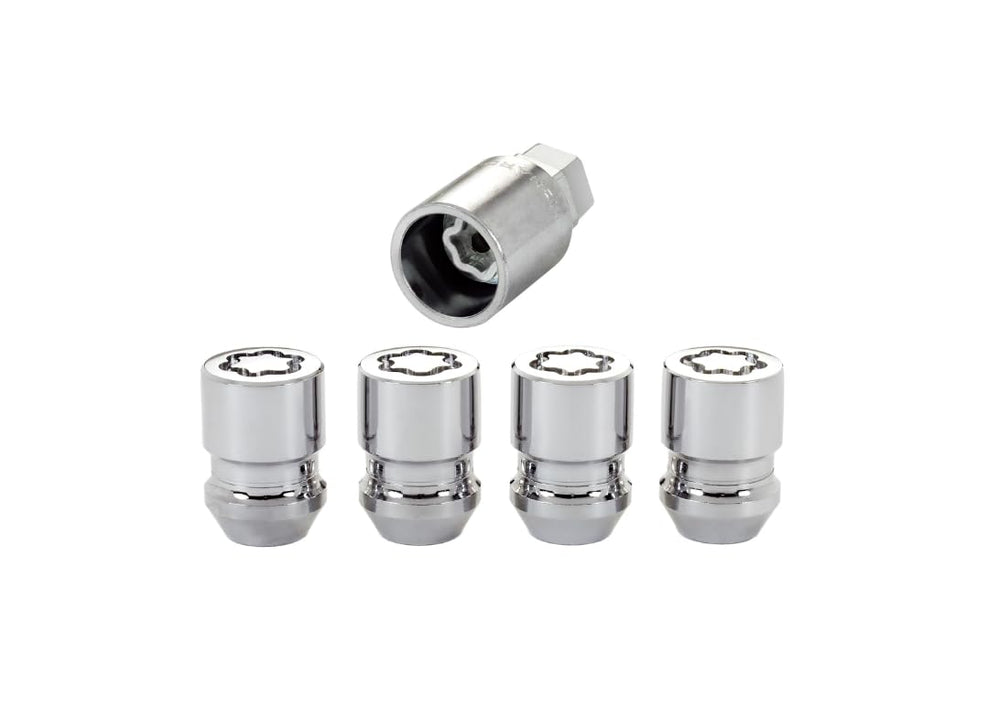 McGard chrome wheel locks front view showing four locks and one key for theft protection