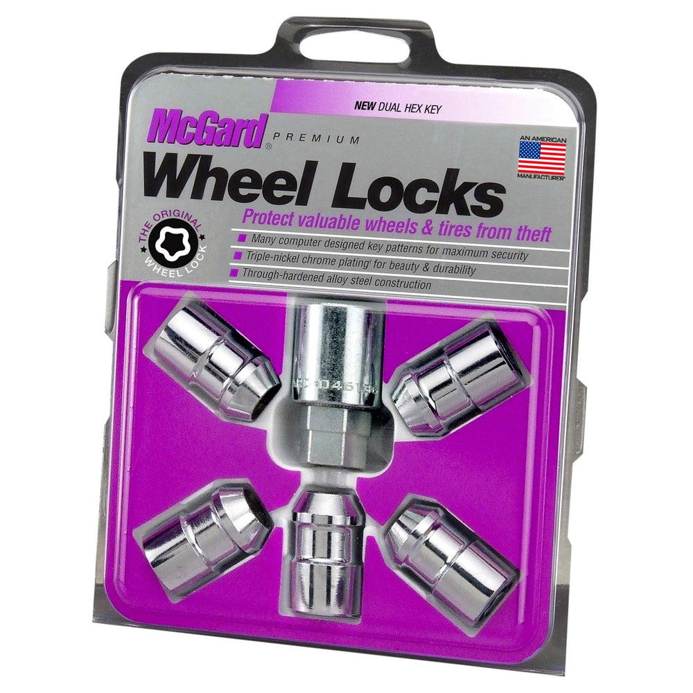 McGard chrome cone seat wheel locks front view showing polished finish benefit security