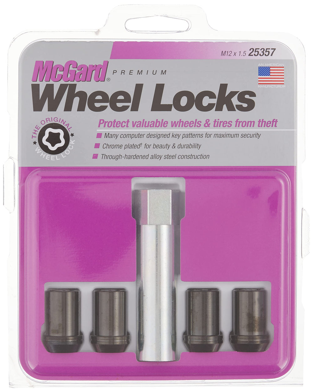 McGard 25357 front view showing black tuner wheel locks and included key for secure protection