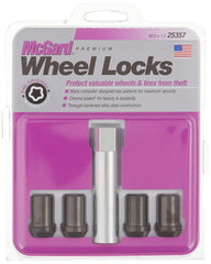 McGard 25357 front view showing black tuner wheel locks and included key for secure protection