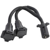 MECMO front view of 7-pin Y splitter showing dual female connectors and benefit of dual hookup