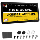Mega Racer front view of matte black license plate frame showcasing sleek upgrade