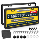 Mega Racer front license plate frame showing slim profile and clean finish