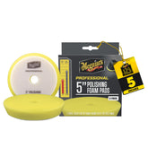 Meguiar's front packaging showing two 5" polishing pads and product branding for reliable performance