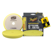 Meguiar's 6-inch polishing pad front view showing clean foam and hook-and-loop backing for precise polishing