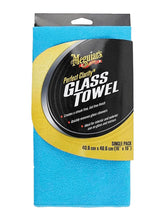 Meguiar's front pack of three blue glass towels showing product and branding, easy organization benefit