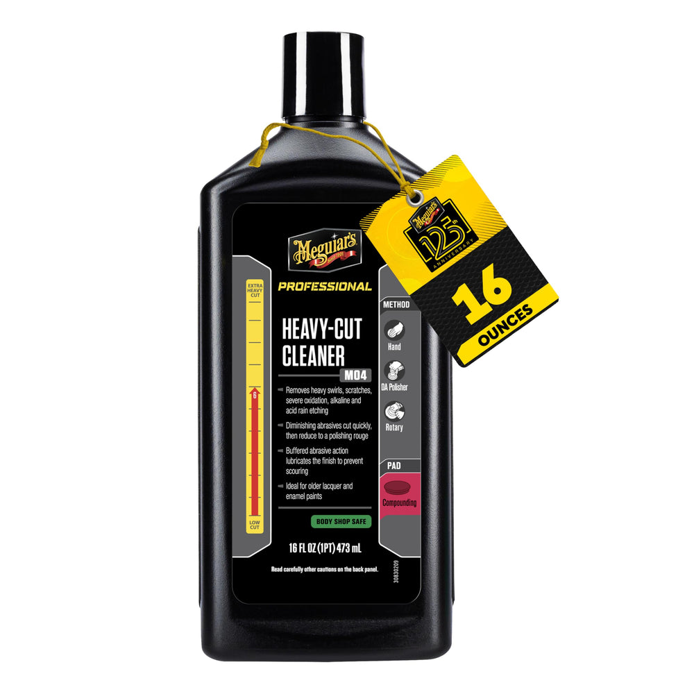 Meguiar's M04 front bottle view showing professional heavy cut cleaner benefit
