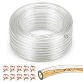Meonum front view of rolled clear fuel line showing product and included clamps, ready to install