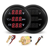 MH triple gauge front view showing clear dial and alarm icons for quick reference