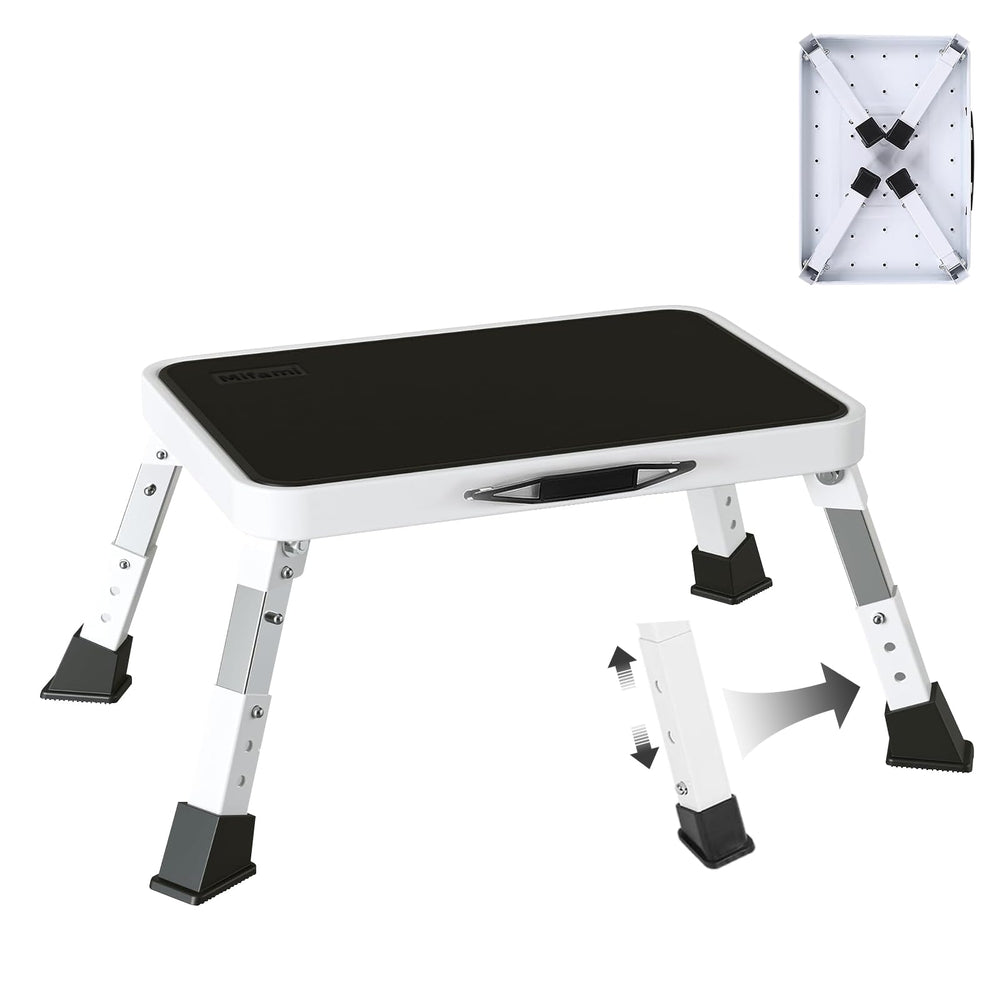 Mifami front view folded stool showing compact storage and portability