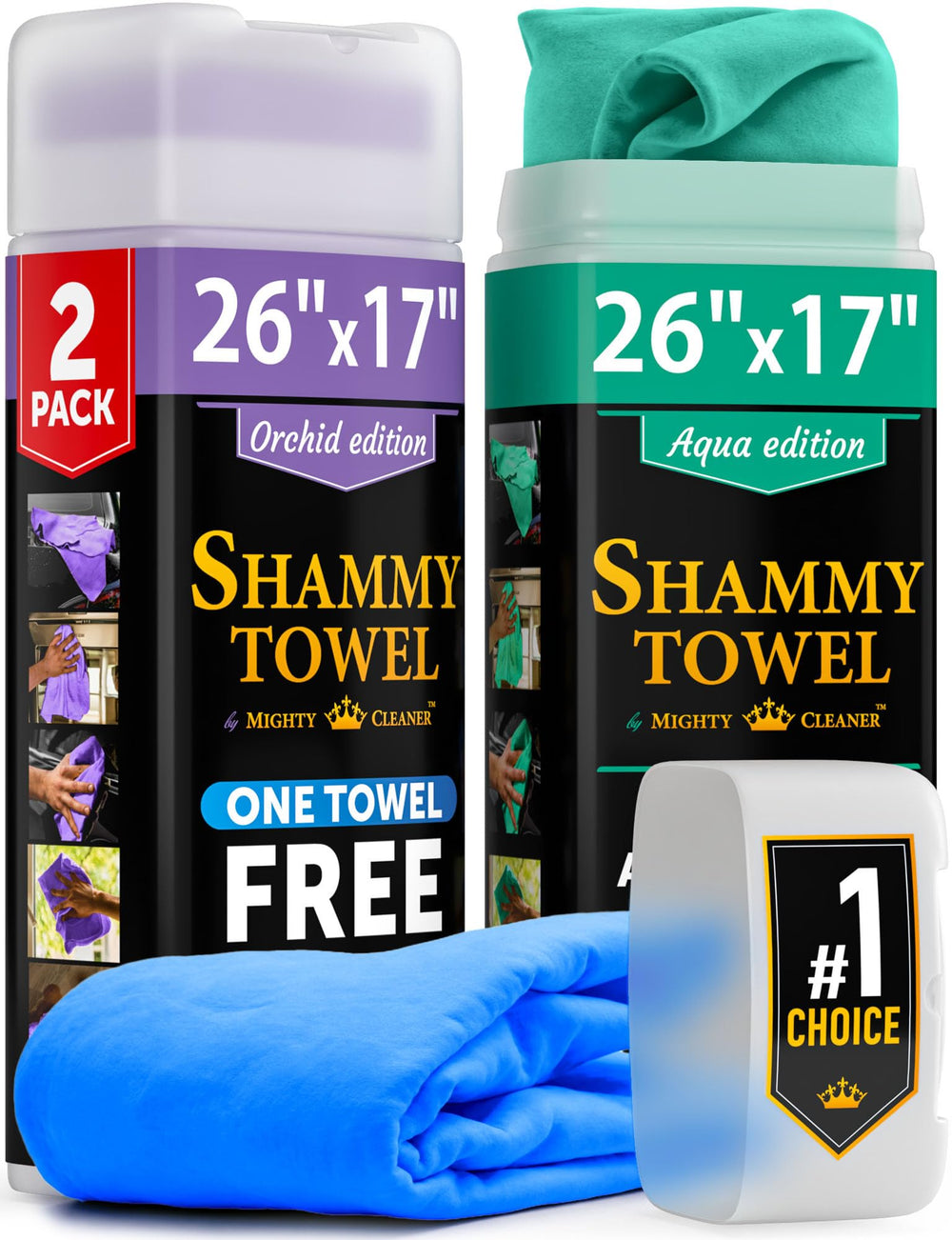 Mighty Cleaner front packaging showing two tubes and bonus towel for convenient storage