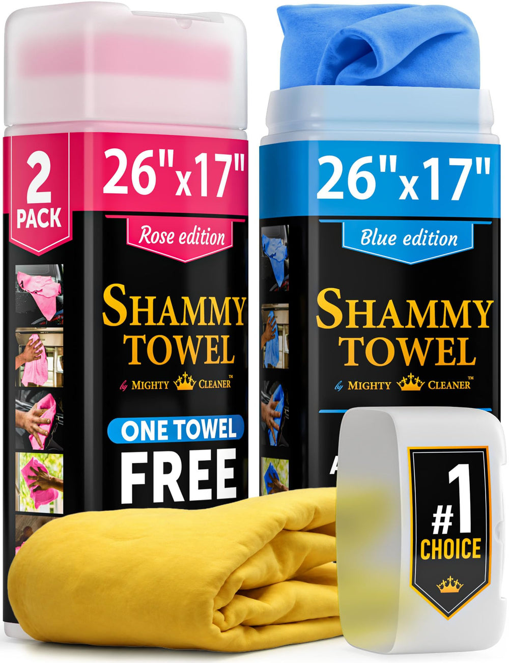 Mighty Cleaner front packaging showing two tubes and bonus towel benefit organization