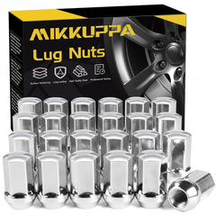MIKKUPPA chrome lug nuts front pack displaying 24 pieces and OEM fit benefit