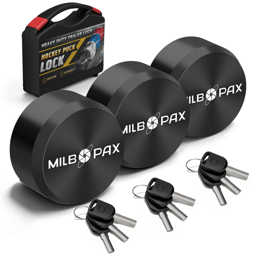 MILBOPAX front view of 3-pack puck locks showing compact protection