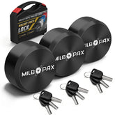 MILBOPAX front view of 3-pack puck locks showing compact protection