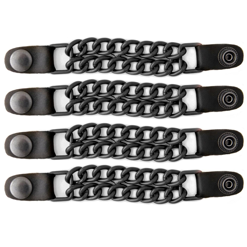 Milwaukee Leather front view extenders showing chrome chains and medallions for upgraded fit