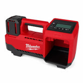 Milwaukee M18 inflator front view showing compact portable design and easy storage