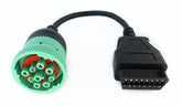 MITOB front view of green J1939 to 16‑pin OBD2 adapter showing compact form and reliability