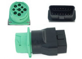 MITOB front view of OBD2 male to green J1939 female adapter showing secure fit