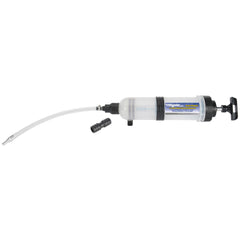 Mityvac front view of 1.5L evacuator showing reservoir and handle benefit precise transfers