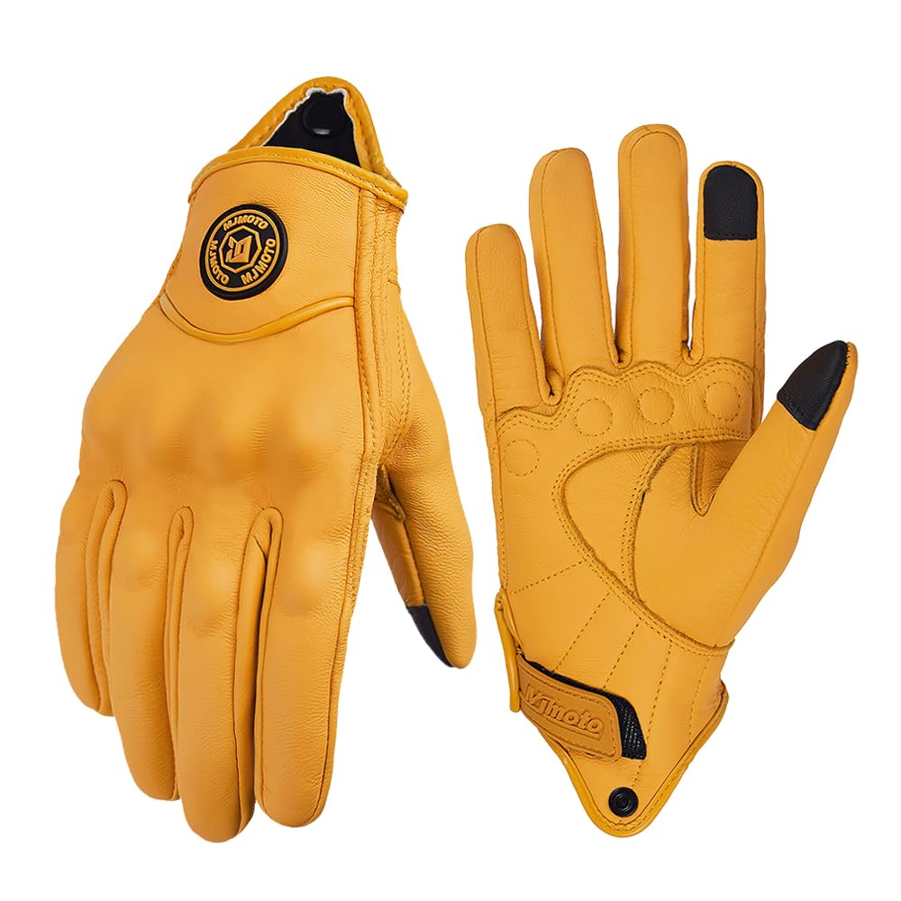 mjmoto yellow gloves front view showing retro style and clear protection