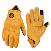 mjmoto front view of yellow-hole gloves showing vintage style and breathable comfort