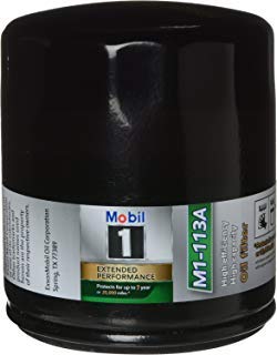 Mobil 1 filter front view showing label and durable canister for extended protection