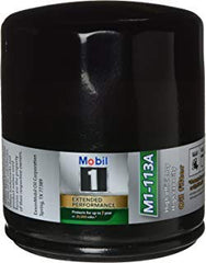 Mobil 1 filter front view showing label and durable canister for extended protection