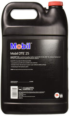 Mobil DTE 25 label close-up highlighting specifications and manufacturing details for quick reference