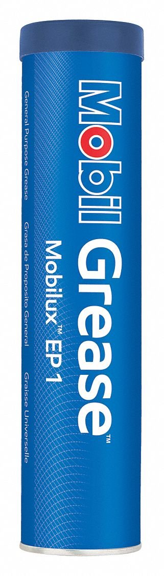 Mobil Mobilux EP 1 cartridge front view showing label and tan grease for easy identification