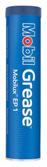 Mobil Mobilux EP 1 cartridge front view showing label and tan grease for easy identification
