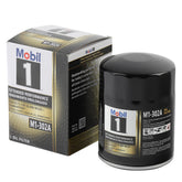 Mobil oil filter front view showing label and steel canister, clear identification benefit