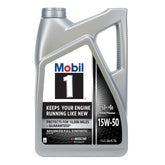 Mobil 1 15W-50 5 quart front label showing product and benefits