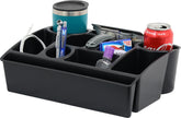Moblorg front view of organizer showing compartments and handle for tidy storage