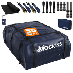Mockins front view of navy rooftop bag showing capacity and aerodynamic shape