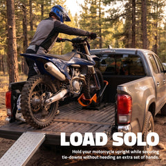 Mockins side profile with motorcycle installed demonstrating stable upright support