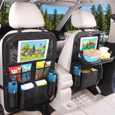 MONKONAR front view of the 2-pack backseat organizers showing straps and pockets, protects seats