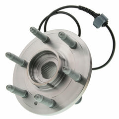 MOOG front wheel hub assembly front view showing mounting flange and studs for easy installation benefit