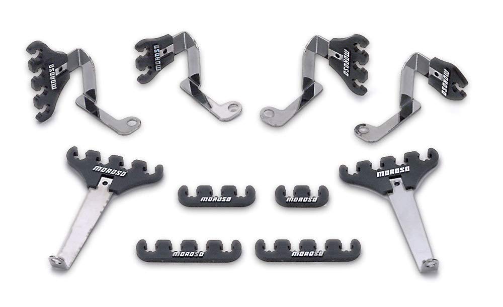 Moroso wire loom kit front view showing looms and chrome brackets for tidy wiring