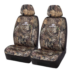 Mossy Oak front camo seat cover front view showing protective fit and style