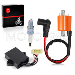 MOTO1988 front view of CDI, coil and spark plug kit showing complete replacement set benefits