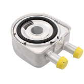 MOTOKU engine oil cooler front view showing mounting points and benefits