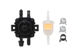 MOTOKU fuel pump front view showing mounting points and inlet outlet for easy fit
