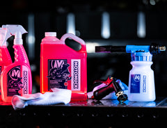 Motomuck being sprayed on motorcycle showing effortless grime removal