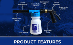 Motomuck foam gun close-up nozzle view illustrating adjustable foam settings for thicker suds