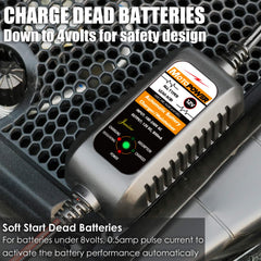 MOTOPOWER clamps connected to battery terminals demonstrating safe spark-free hookup