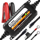 MOTOPOWER front panel view showing charger controls and safety label benefit