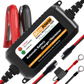 MOTOPOWER charger front view showing compact housing and ports for easy storage