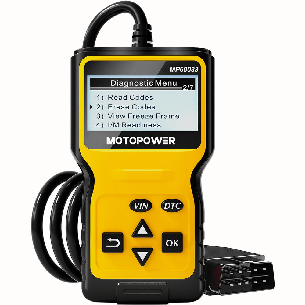 MOTOPOWER front view showing yellow casing and clear display for quick code reading