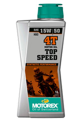 Motorex front label showing Top Speed 4T 15W-50 for easy identification and spec clarity